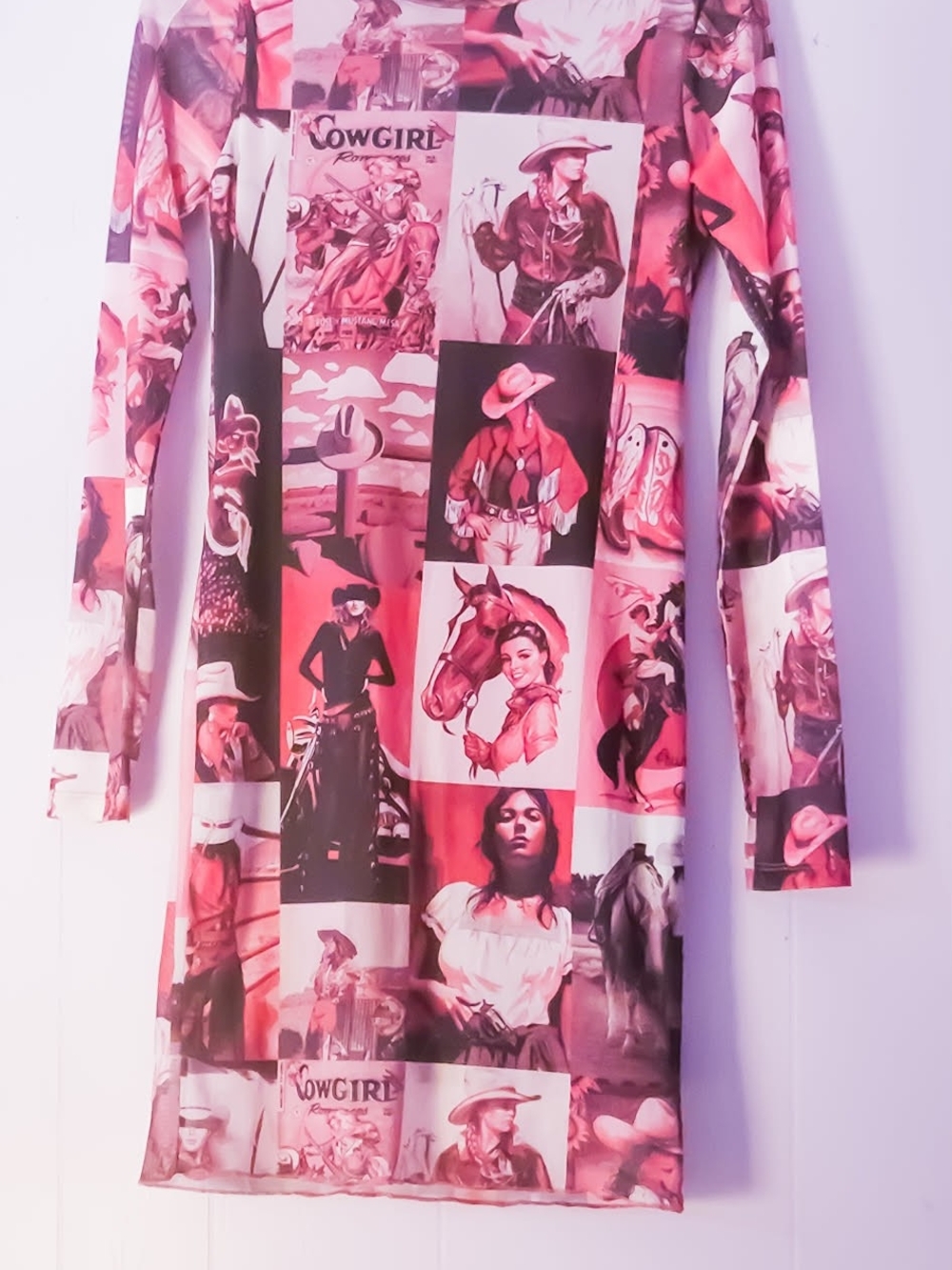Southern Grace Western Cowgirl Collage Print Mesh Bodycon Mini Dress XS
